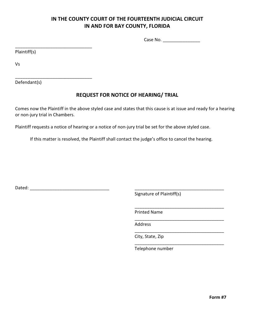 Request For Notice Of Hearing-Trial (Form 7) | Pdf Fpdf Docx | Florida