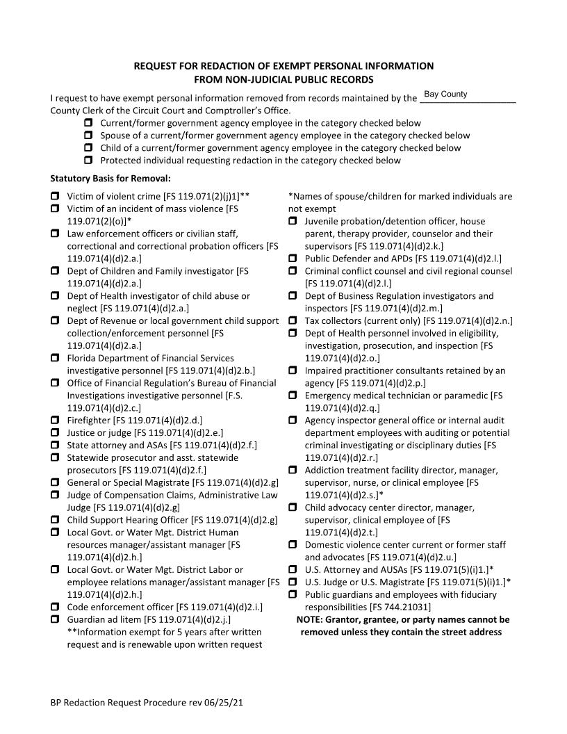 Request For Redaction Of Exempt Personal Info (Non-Judicial Records) {BAY-RREPI} | Pdf Fpdf Doc Docx | Florida