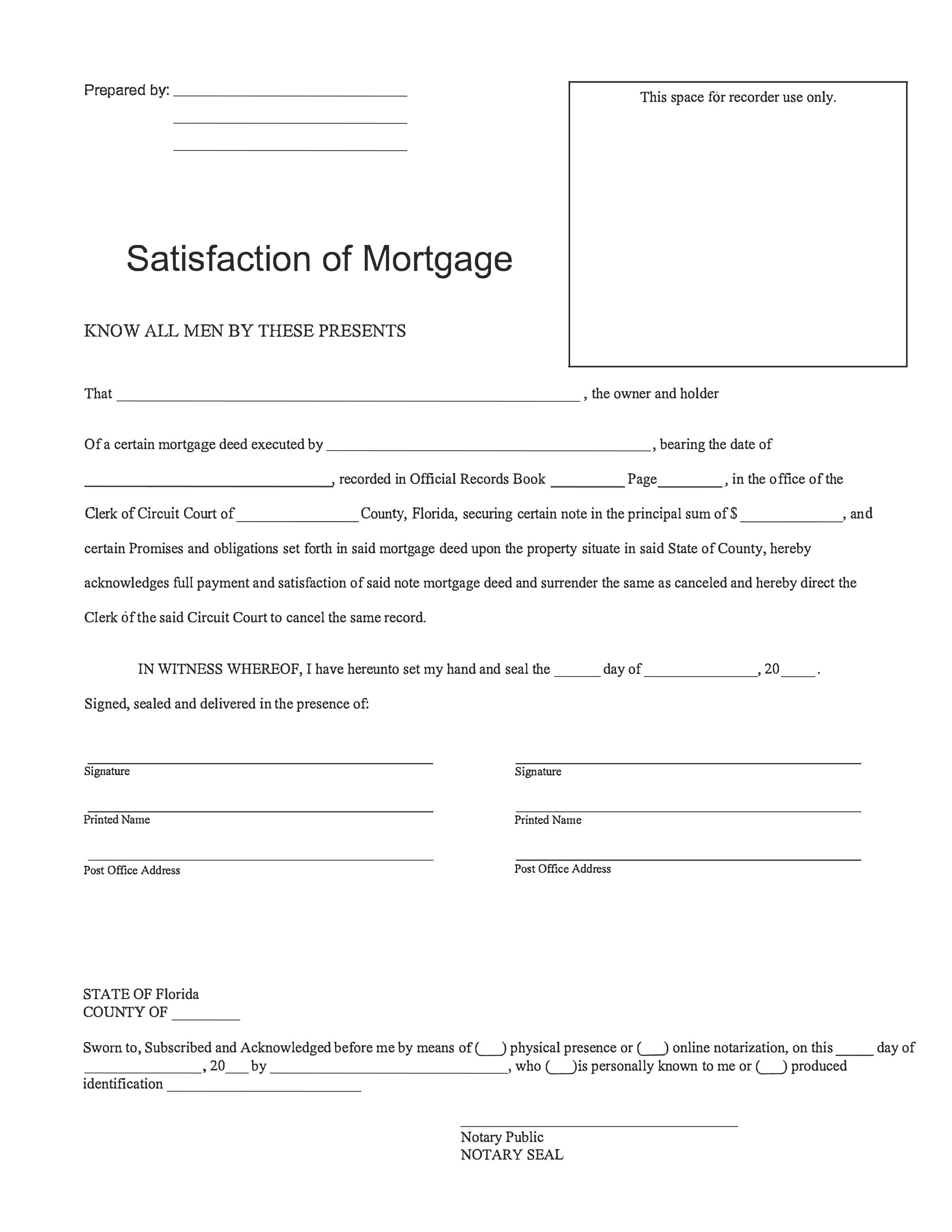 Satisfaction Of Mortgage | Pdf Fpdf Docx | Florida