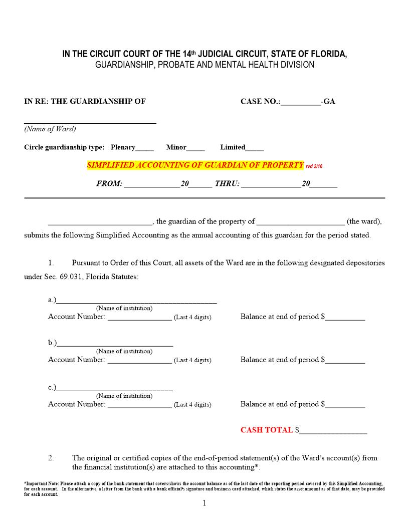 Simplified Accounting Of Guardian Of Property | Pdf Fpdf Docx | Florida