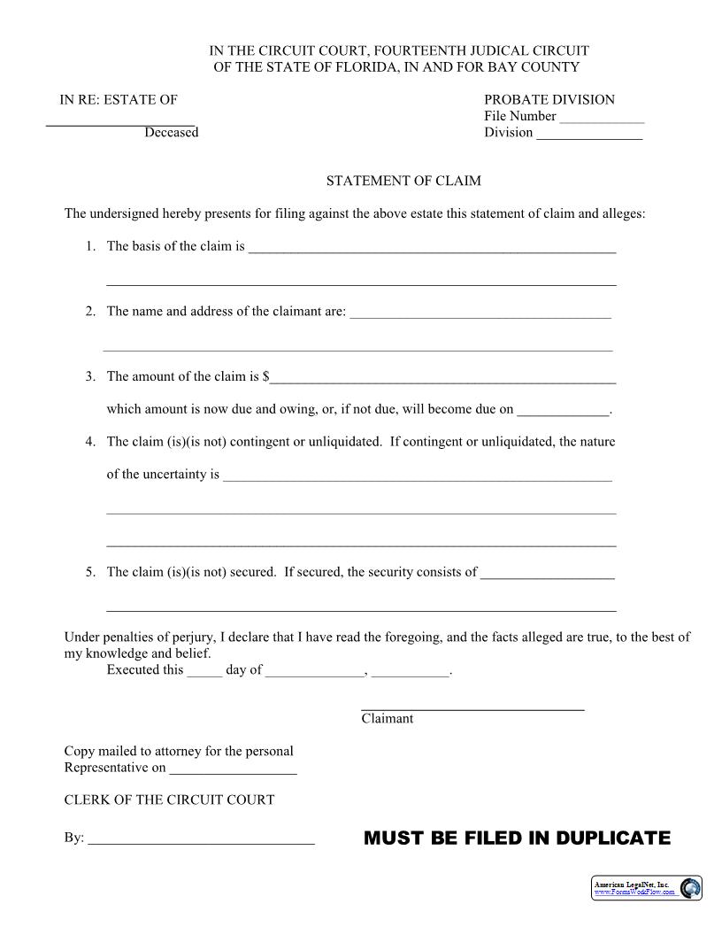Statement Of Claim (Probate) | Pdf Fpdf Docx | Florida