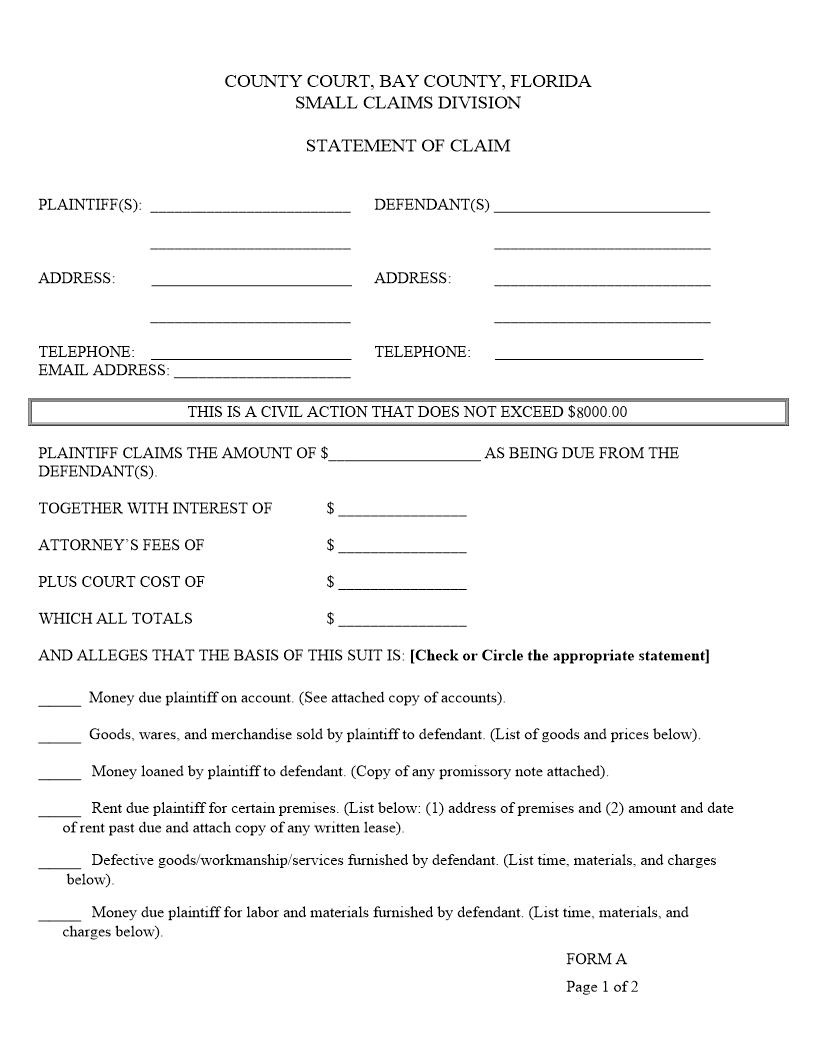 Statement Of Claim (Small Claims) {A} | Pdf Fpdf Docx | Florida