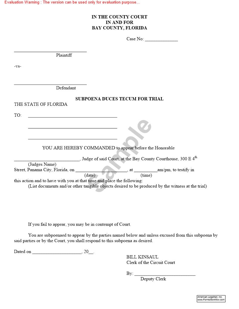 Subpoena Duces Tecum For Trial | Pdf Fpdf Doc Docx | Florida