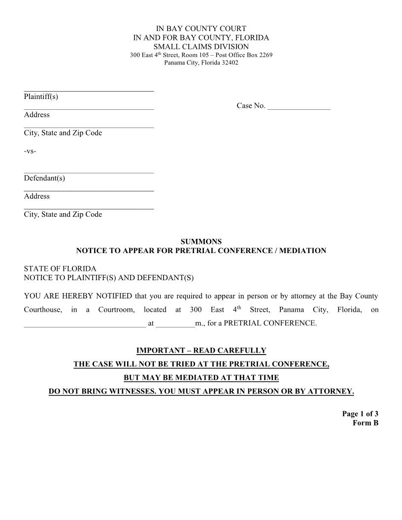 Summons-Notice To Appear For Pretrial Conference-Mediation {B} | Pdf Fpdf Doc Docx | Florida