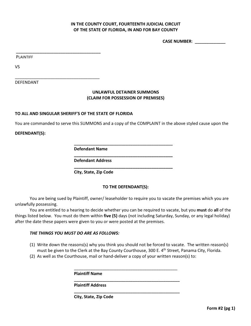 Unlawful Detainer Summons (Claim For Possession Of Premises) (Form 2) | Pdf Fpdf Docx | Florida