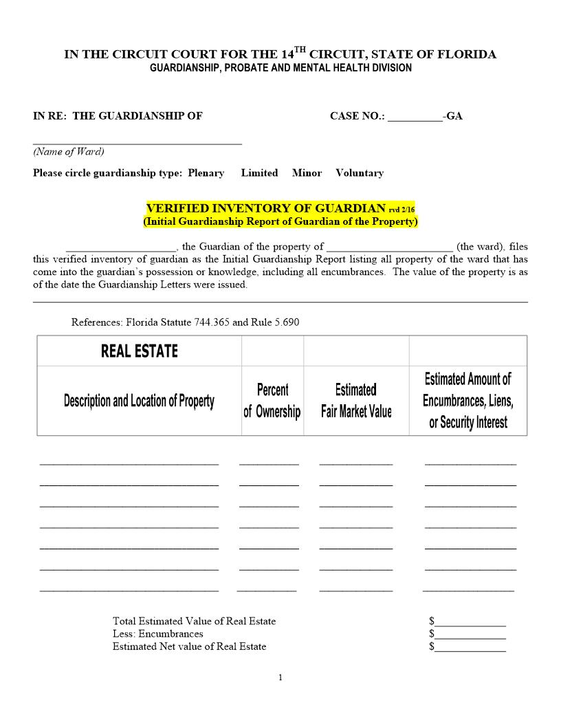 Verified Inventory Of Guardian (Initial Report Of Guardian Of Property) | Pdf Fpdf Docx | Florida