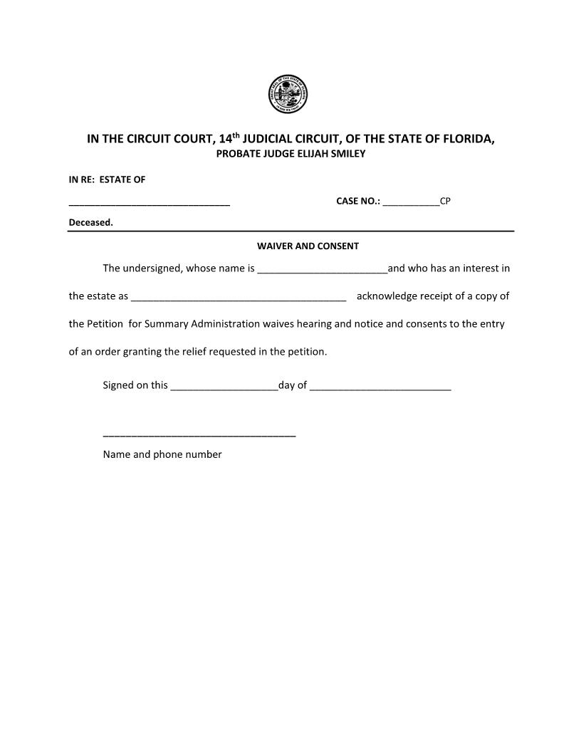 Waiver And Consent (Summary Administration) | Pdf Fpdf Docx | Florida