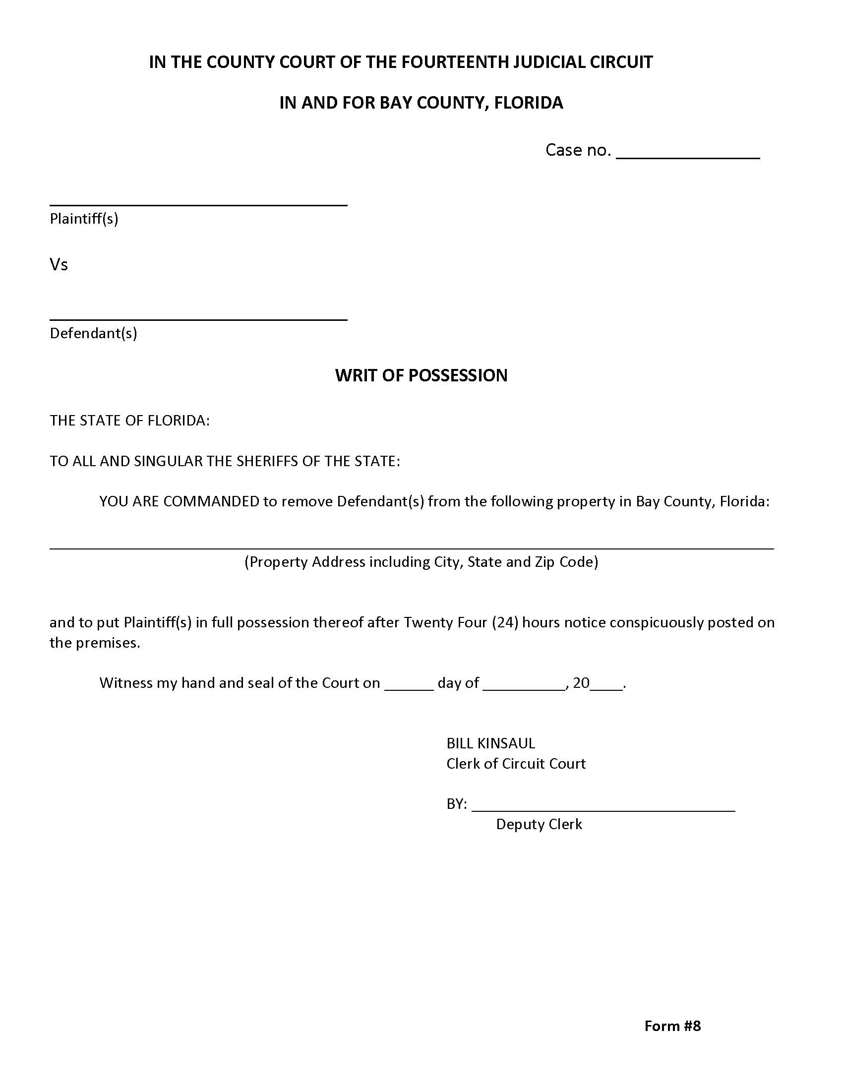 Writ Of Possession (Form 8) | Pdf Fpdf Docx | Florida