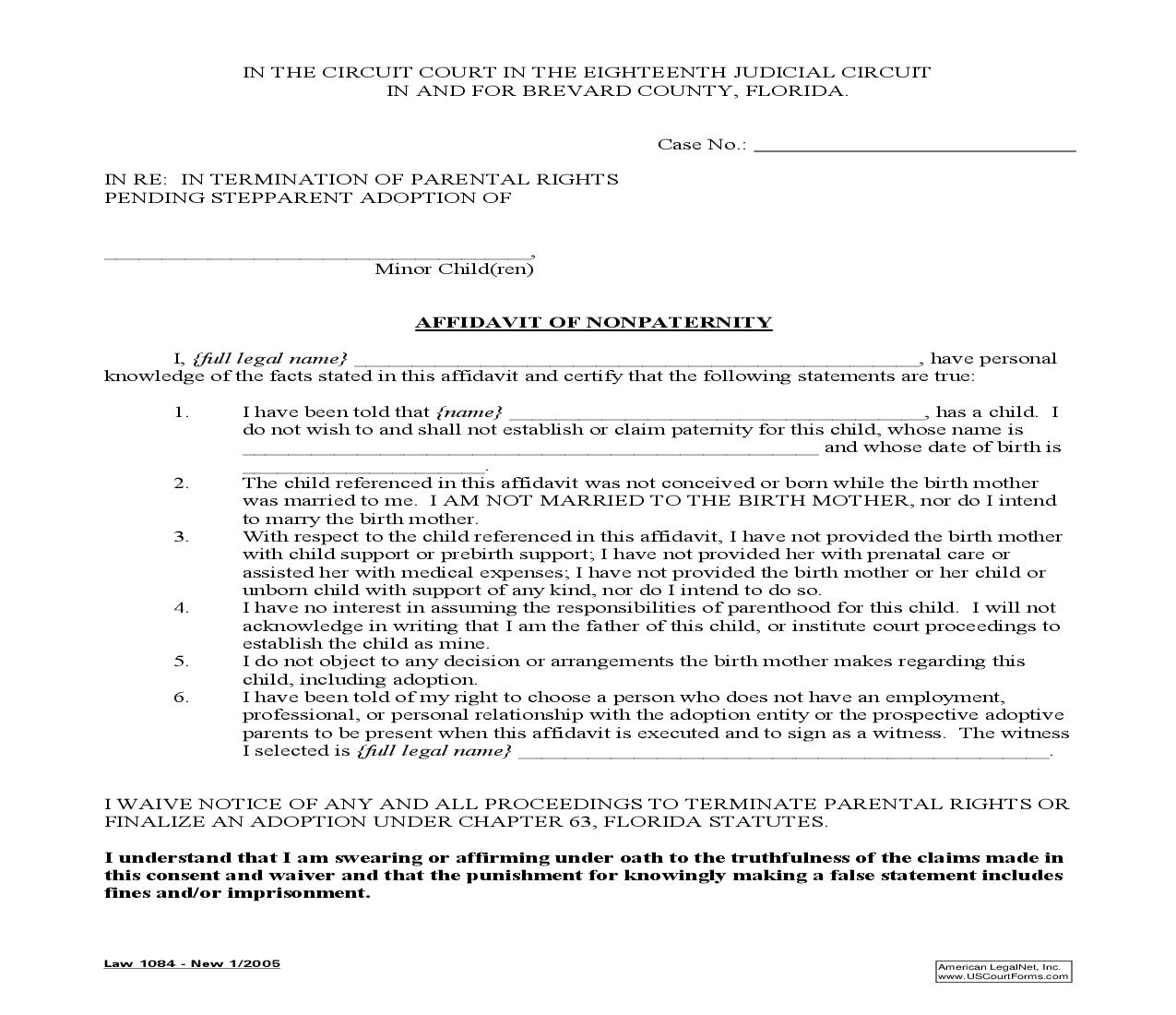 Affidavit Of Nonpaternity {Law 1084} | Pdf Fpdf Doc Docx | Florida