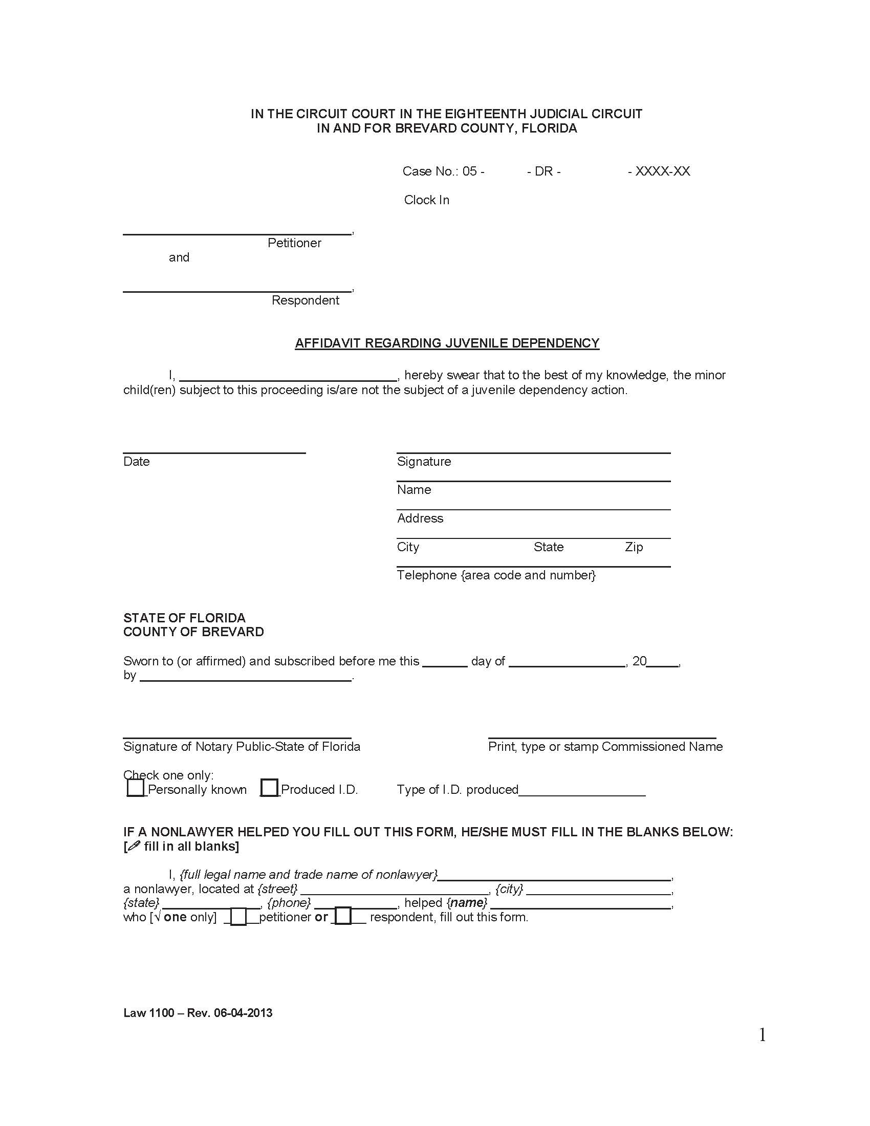 Affidavit Regarding Juvenile Dependency {Law 1100} | Pdf Fpdf Doc Docx | Florida