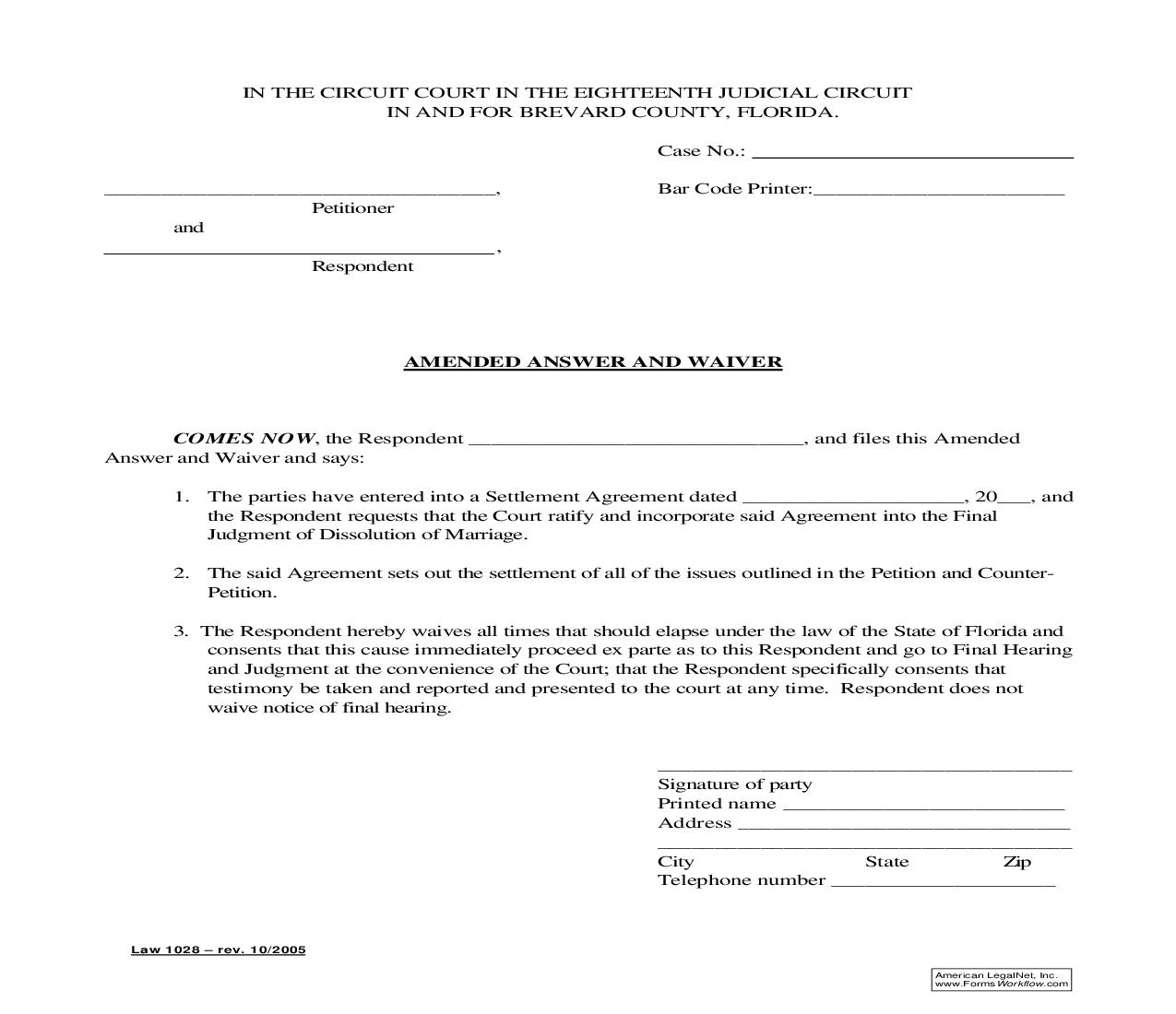 Amended Answer And Waiver {Law 1028} | Pdf Fpdf Doc Docx | Florida