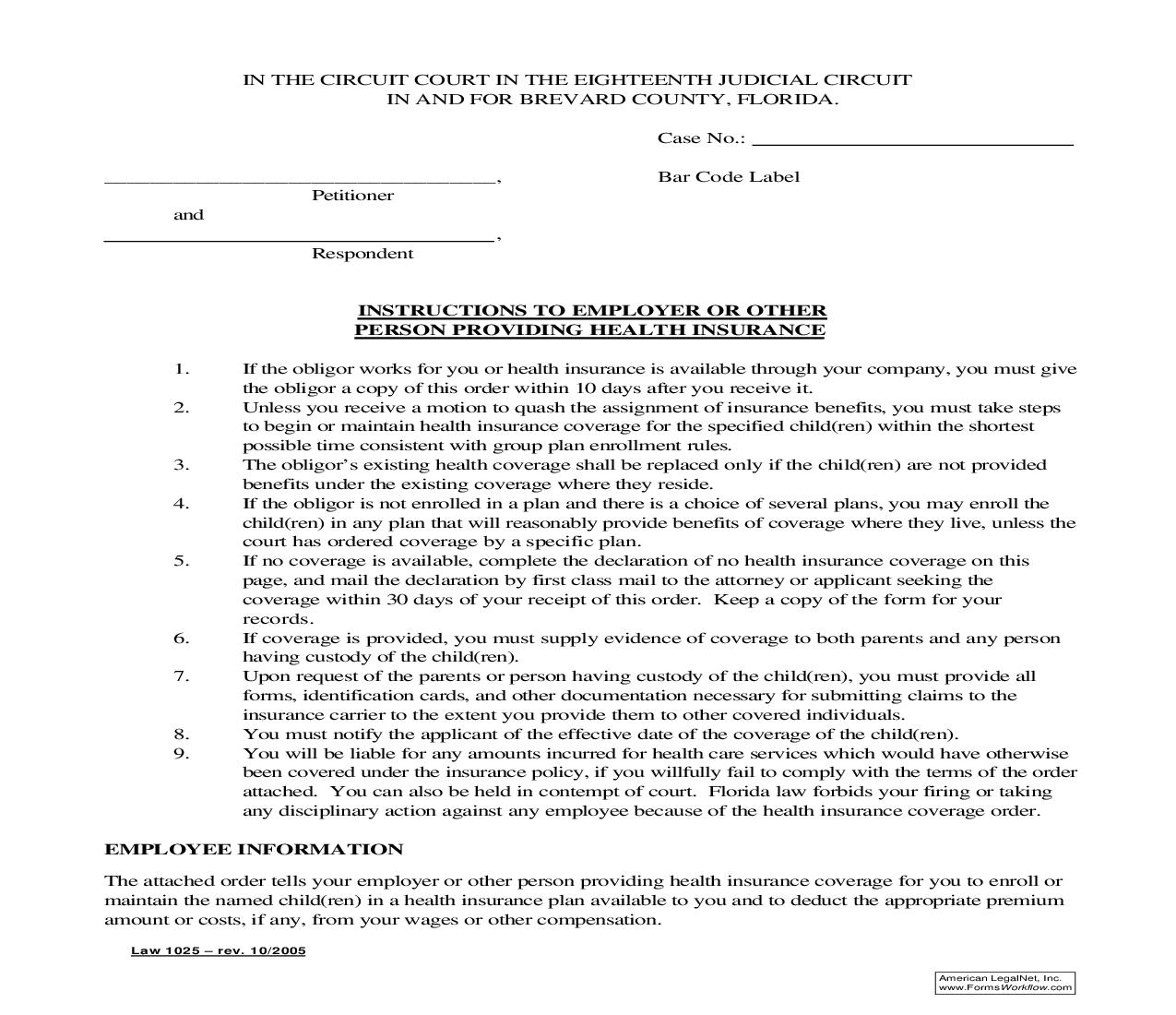 Employers Declaration Of No Health Insurance Coverage {Law 1025} | Pdf Fpdf Doc Docx | Florida