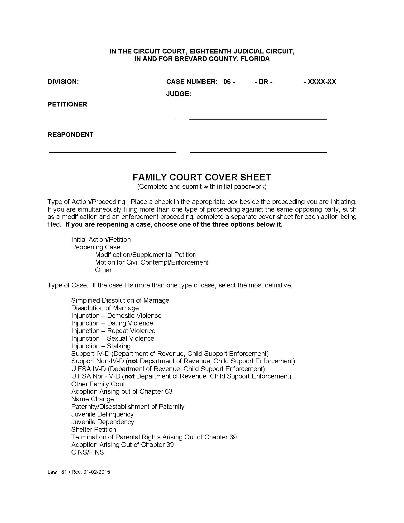 Family Court Cover Sheet {Law 181} | Pdf Fpdf Doc Docx | Florida