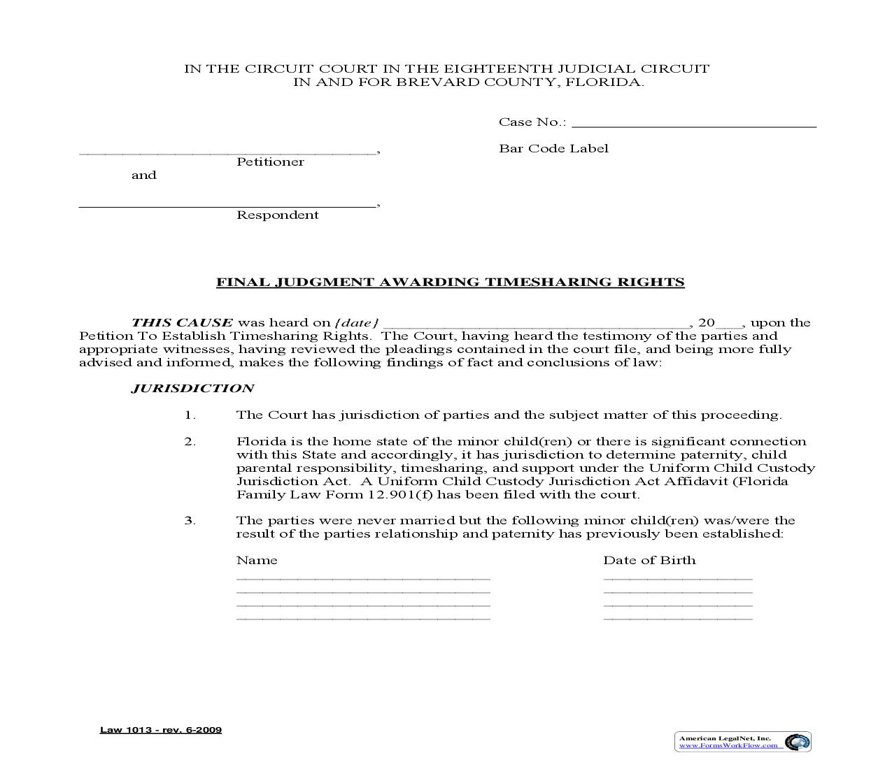Final Judgment Awarding Timesharing Rights {Law 1013} | Pdf Fpdf Doc Docx | Florida