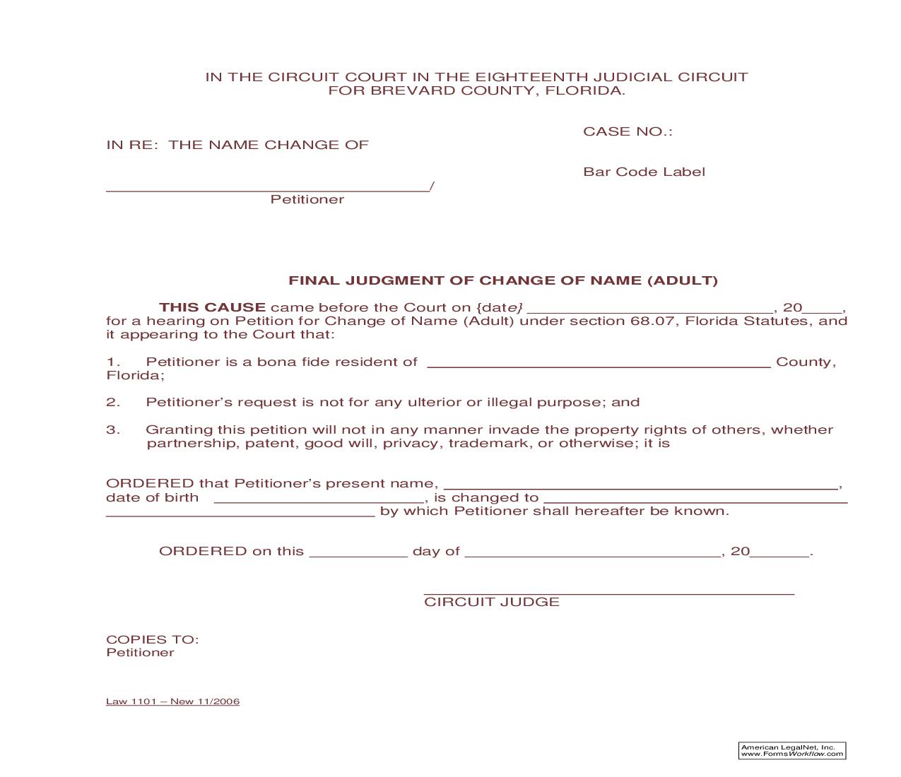 Final Judgment For Change Of Name (Adult) {Law 1101} | Pdf Fpdf Doc Docx | Florida