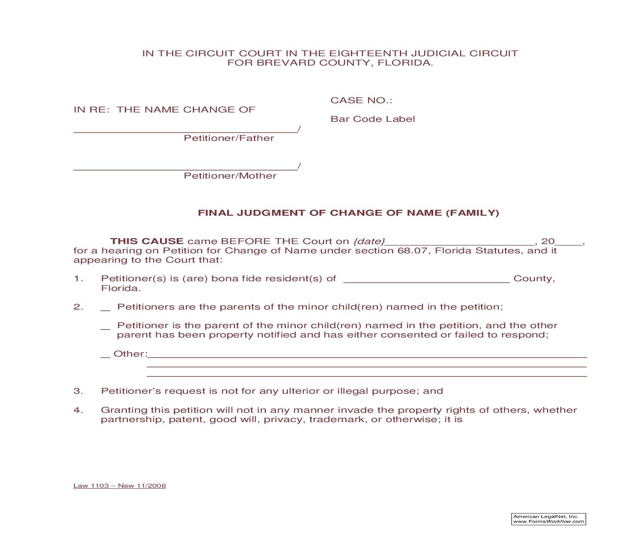 Final Judgment For Change Of Name (Family) {Law 1103} | Pdf Fpdf Doc Docx | Florida
