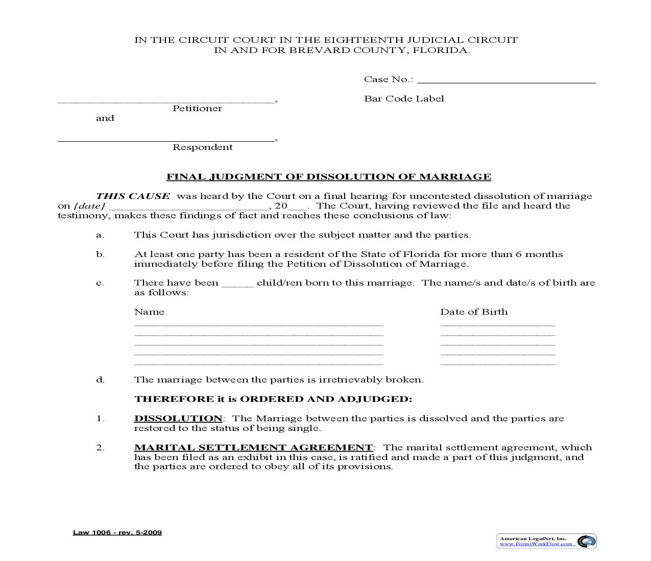 Final Judgment Of Dissolution Of Marriage (Uncontested-Property And Children) {Law 1006} | Pdf Fpdf Doc Docx | Florida