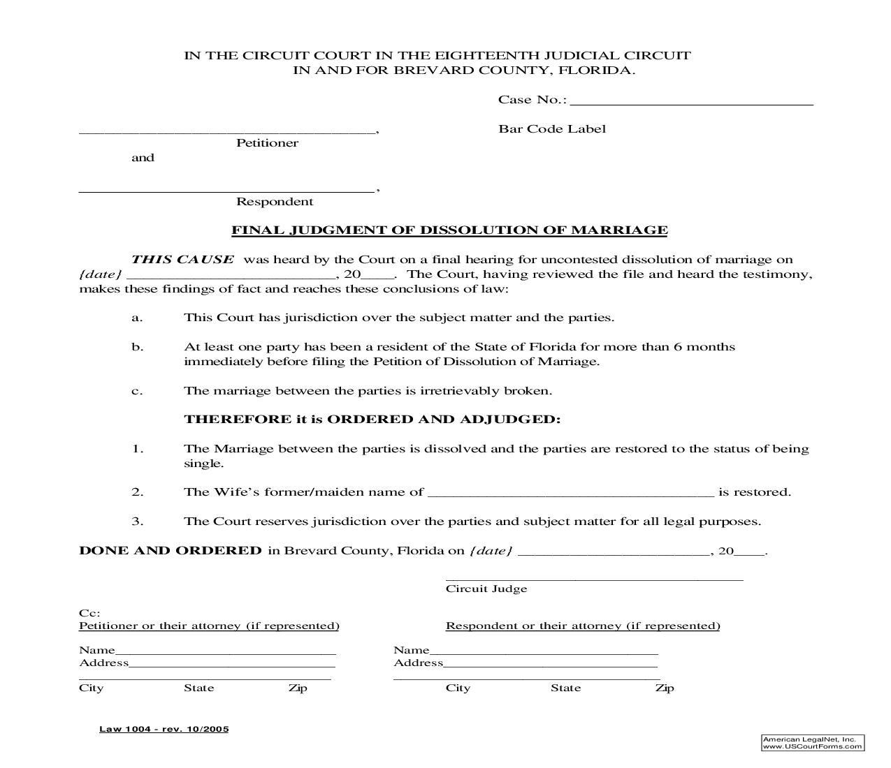 Final Judgment Of Dissolution Of Marriage With No Property Or Dependent Or Minor Children (Uncontested) {Law 1004} | Pdf Fpdf Doc Docx | Florida
