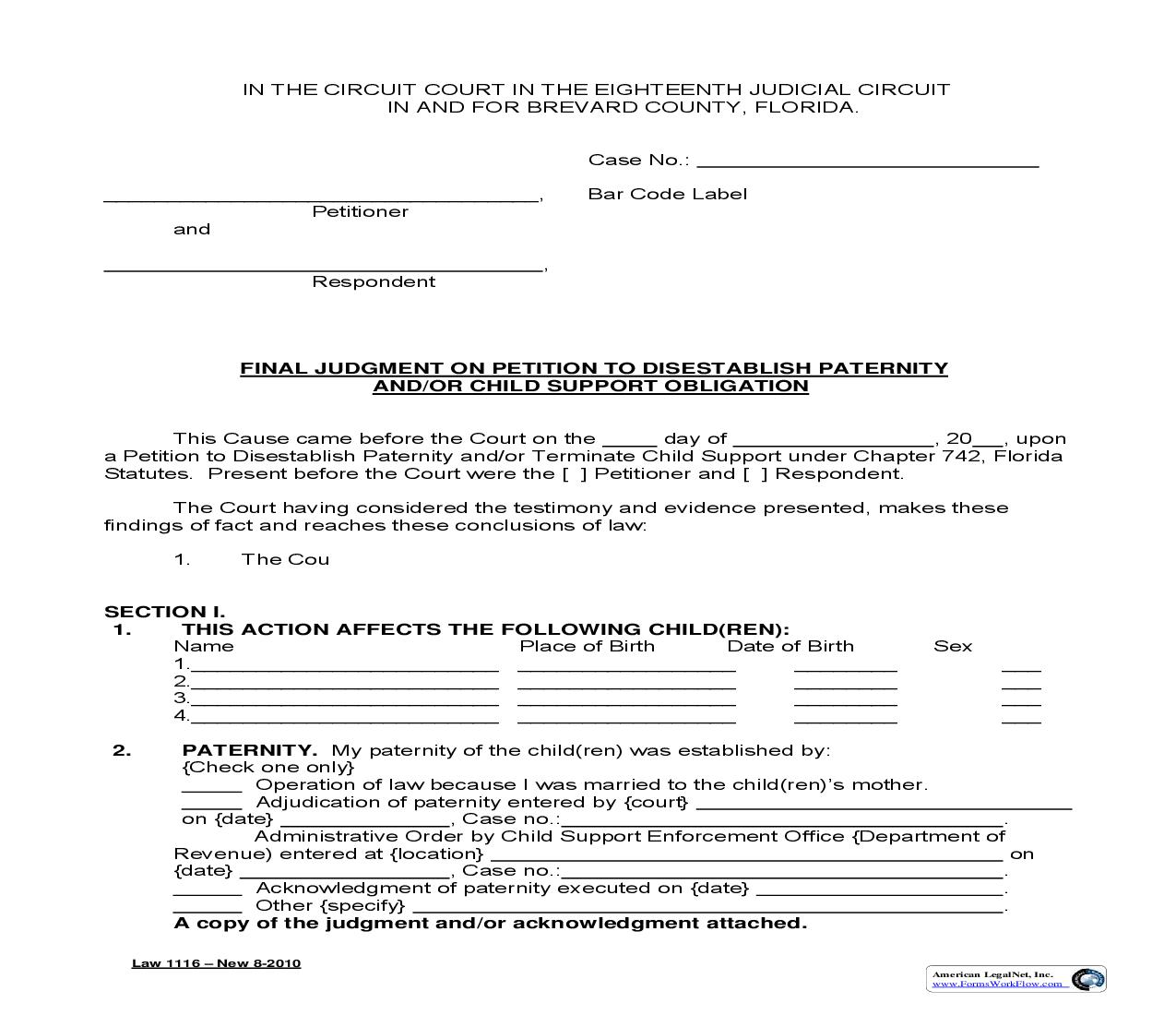 Final Judgment On Petition To Disestablish Paternity And-Or Child Support Obligation {Law 1117} | Pdf Fpdf Doc Docx | Florida