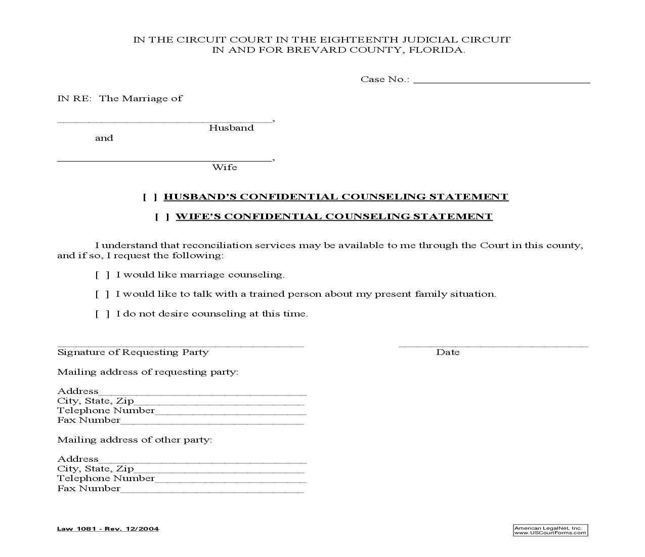 Husbands-Wifes Confidential Counseling Statement {Law 1081} | Pdf Fpdf Doc Docx | Florida