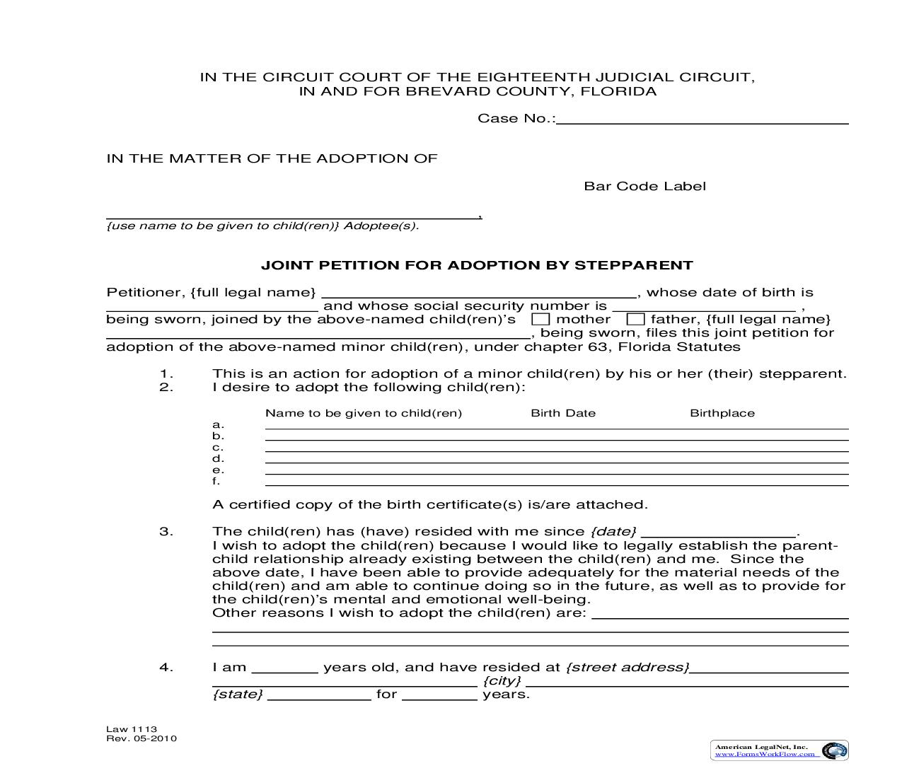 Joint Petition For Adoption By Stepparent {Law 1113} | Pdf Fpdf Doc Docx | Florida