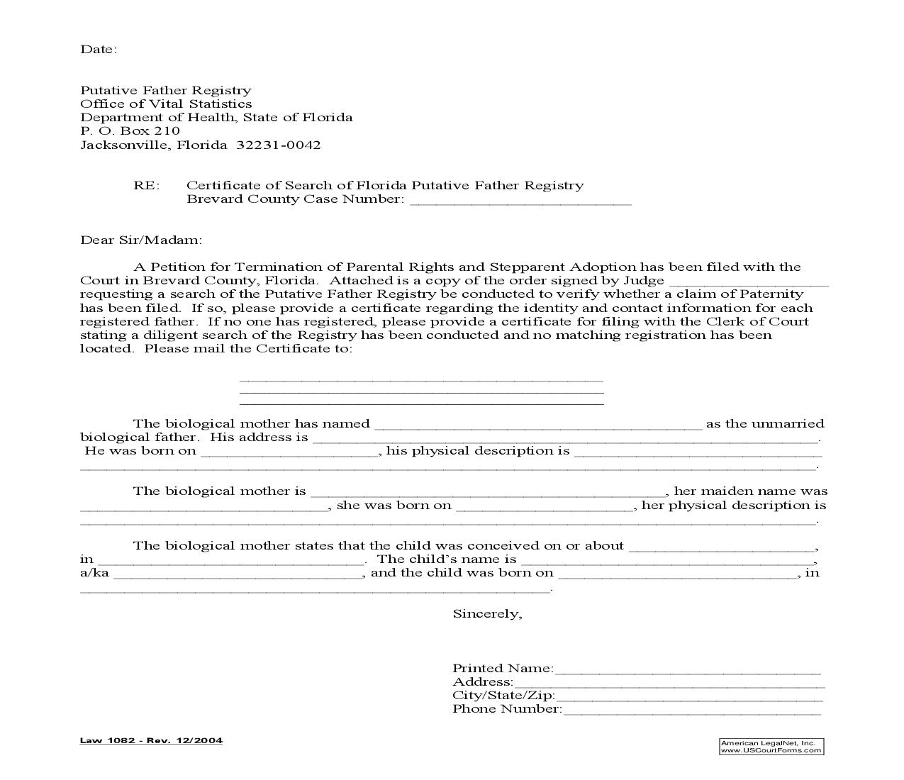 Letter To Putative Father Registry {Law 1082} | Pdf Fpdf Doc Docx | Florida