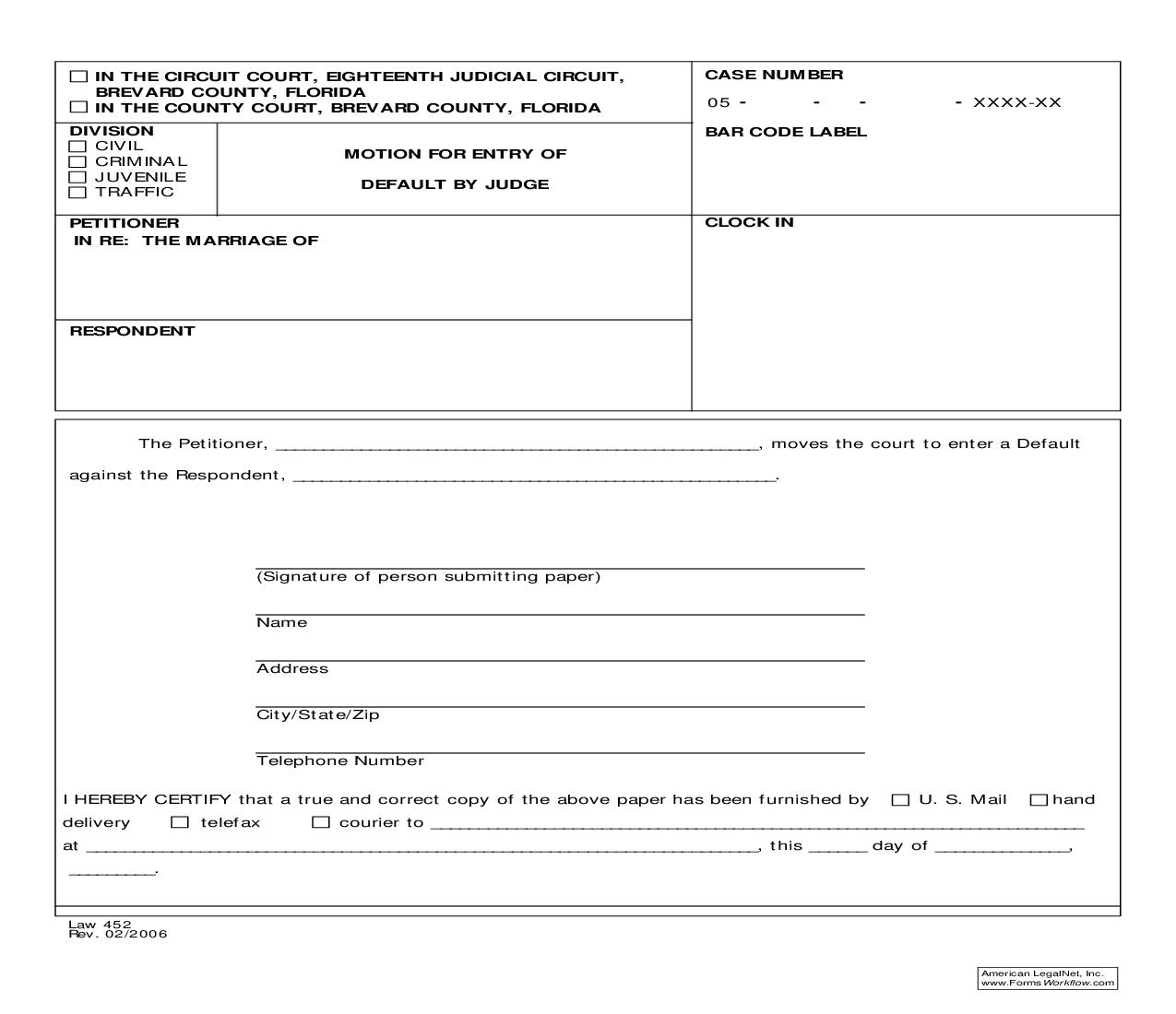 Motion And Order For Entry of Default by Judge {Law 452} | Pdf Fpdf Doc Docx | Florida