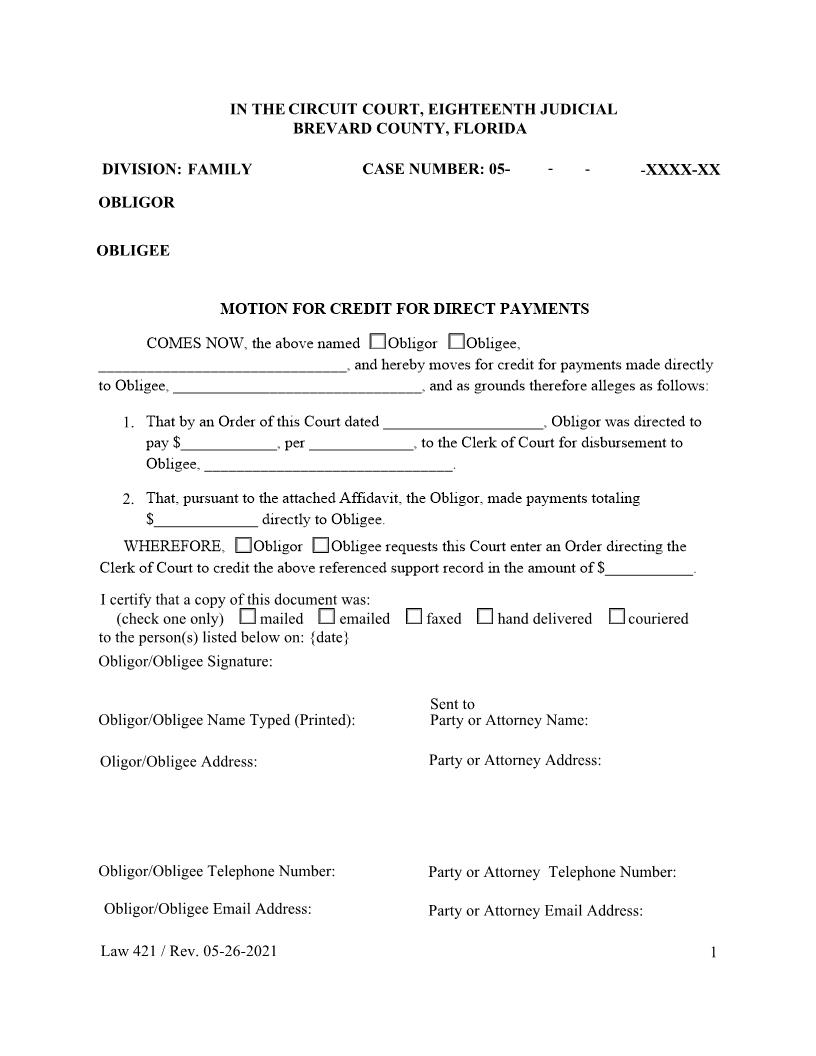 Motion For Credit For Direct Payments {Law 421} | Pdf Fpdf Doc Docx | Florida