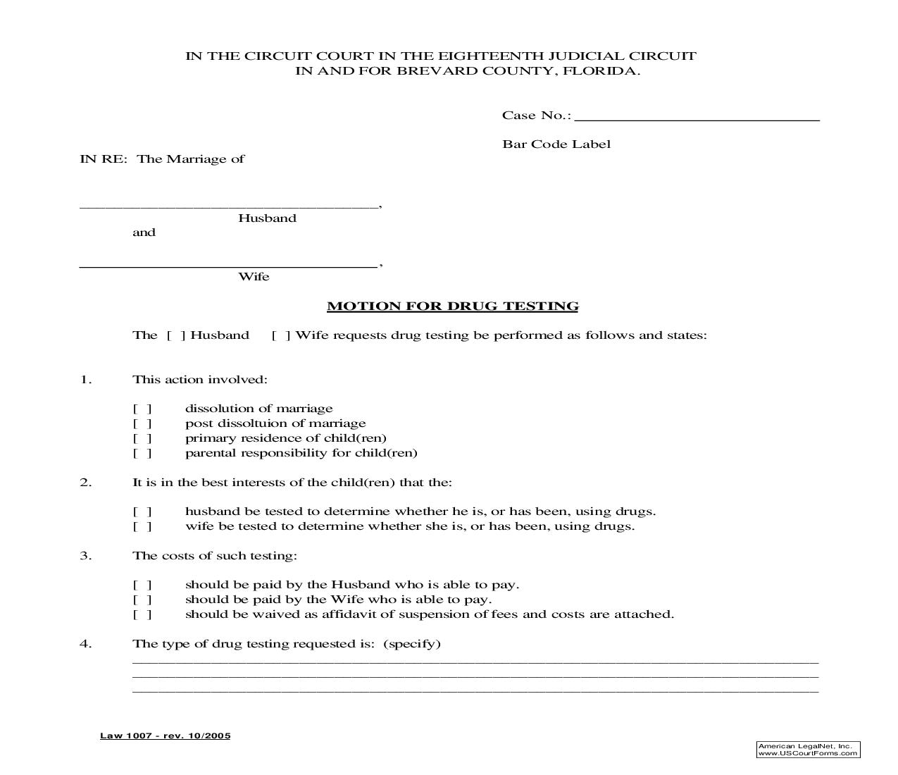 Motion For Drug Testing {Law 1007} | Pdf Fpdf Doc Docx | Florida