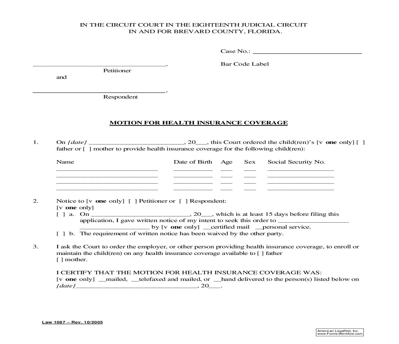 Motion For Health Insurance Coverage {Law 1087} | Pdf Fpdf Doc Docx | Florida