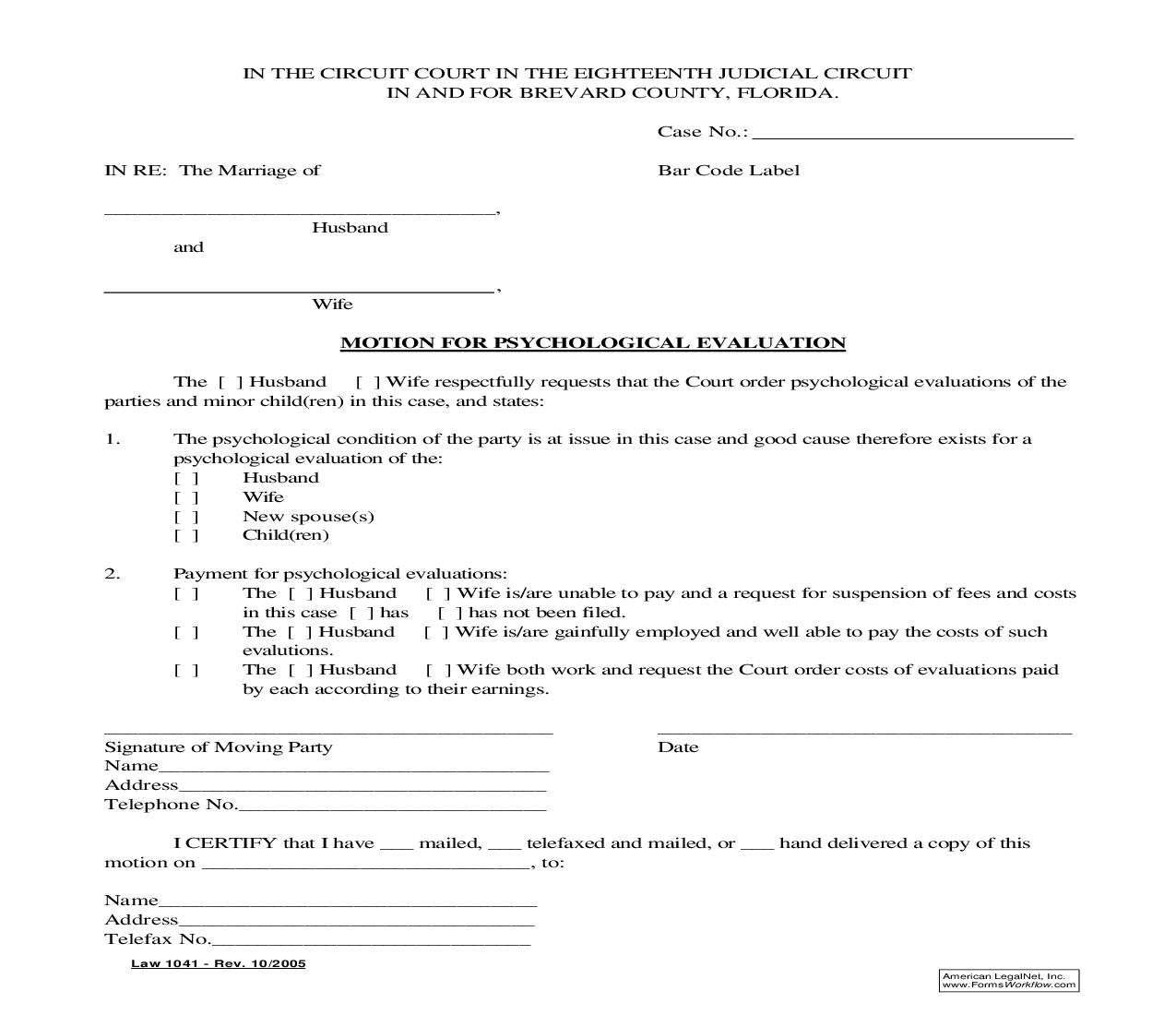 Motion For Psychological Evaluation {Law 1041} | Pdf Fpdf Doc Docx | Florida