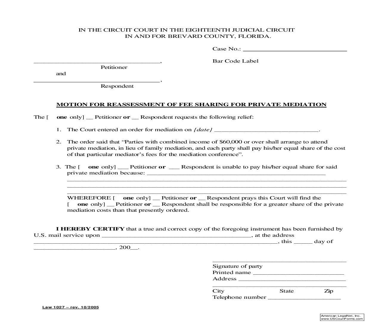 Motion For Reassessment Of Fee Sharing For Private Mediation {Law 1027} | Pdf Fpdf Doc Docx | Florida