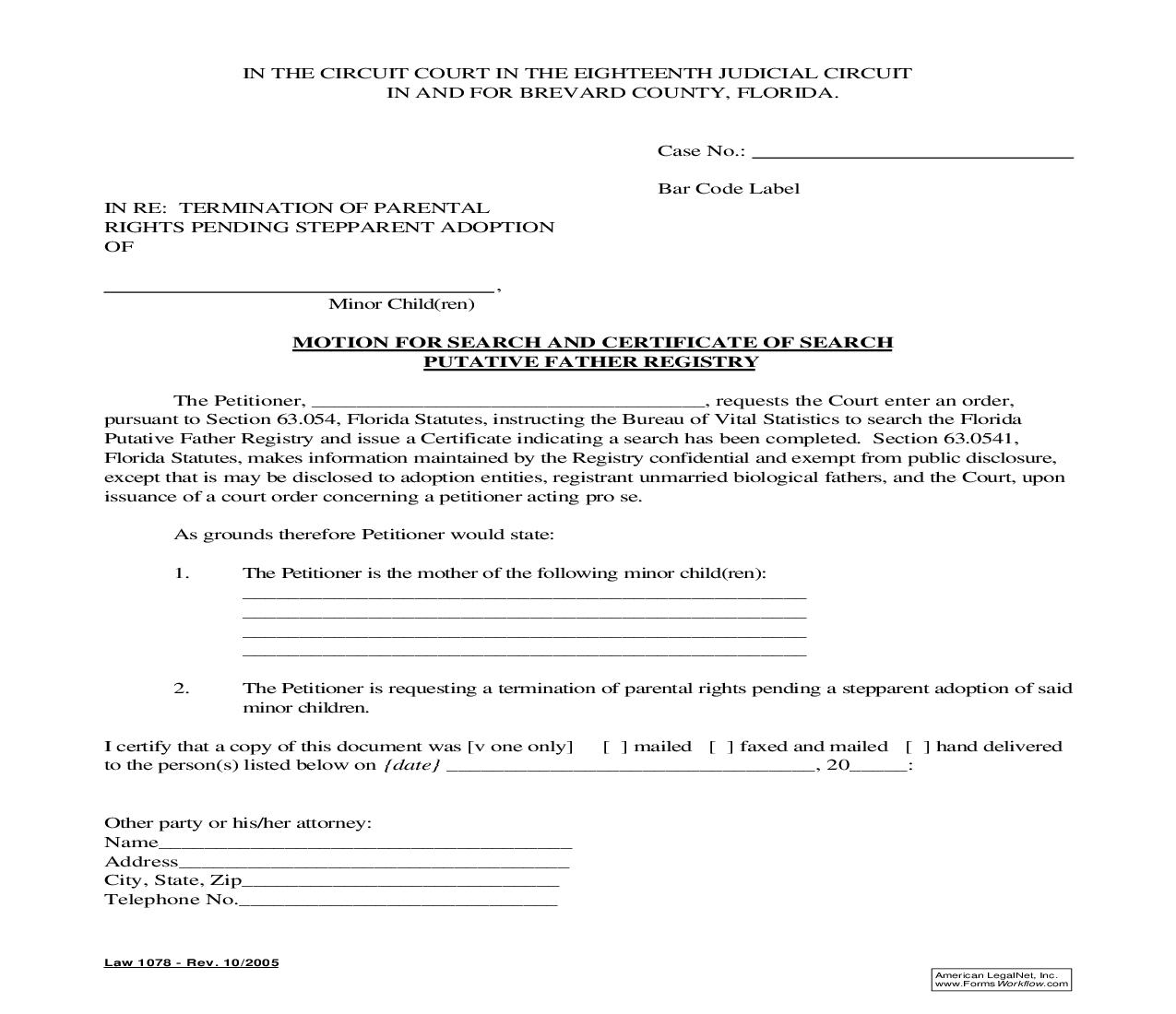 Motion For Search And Certificate For Search {Law 1078} | Pdf Fpdf Doc Docx | Florida