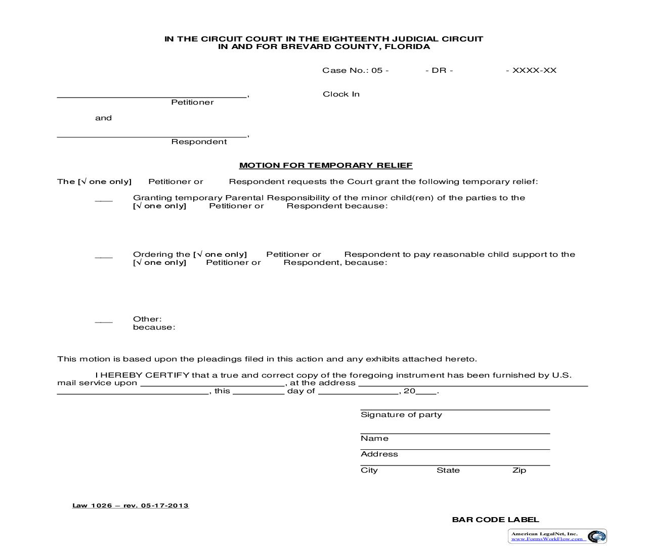 Motion For Temporary Relief {Law 1026} | Pdf Fpdf Doc Docx | Florida