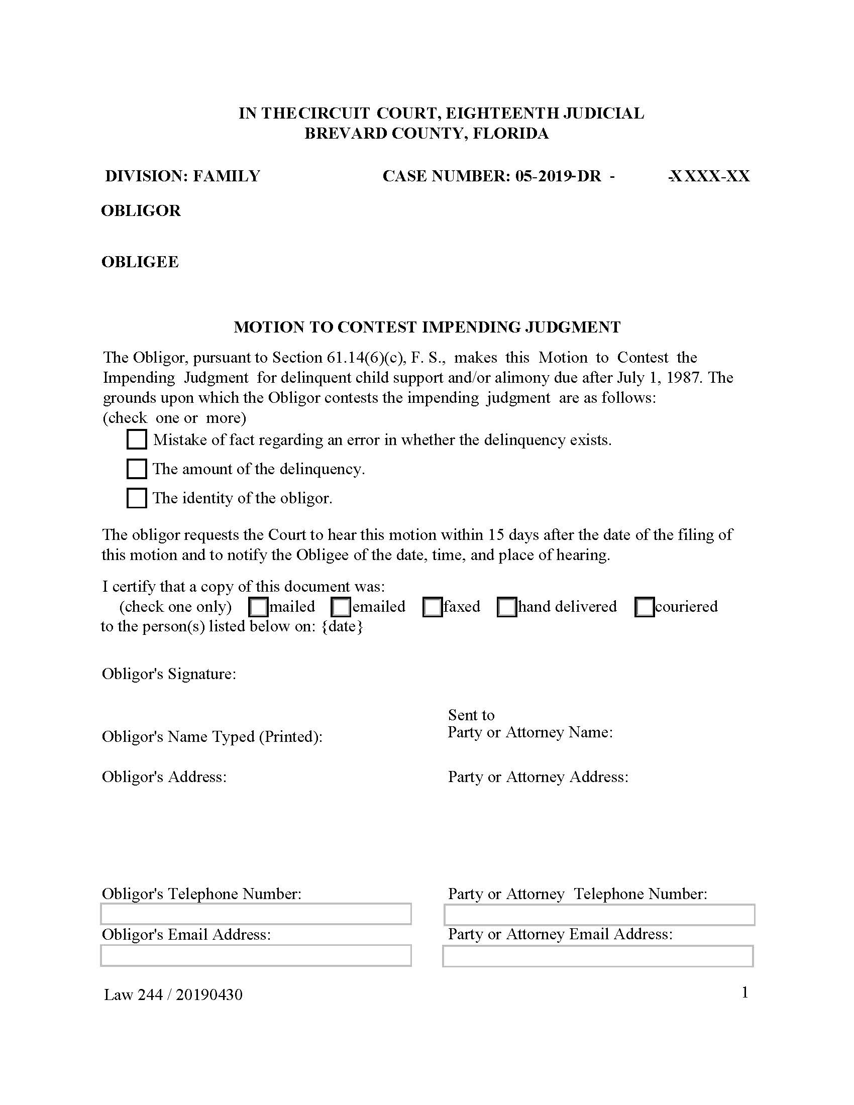 Motion To Contest Impending Judgment {Law 244} | Pdf Fpdf Doc Docx | Florida