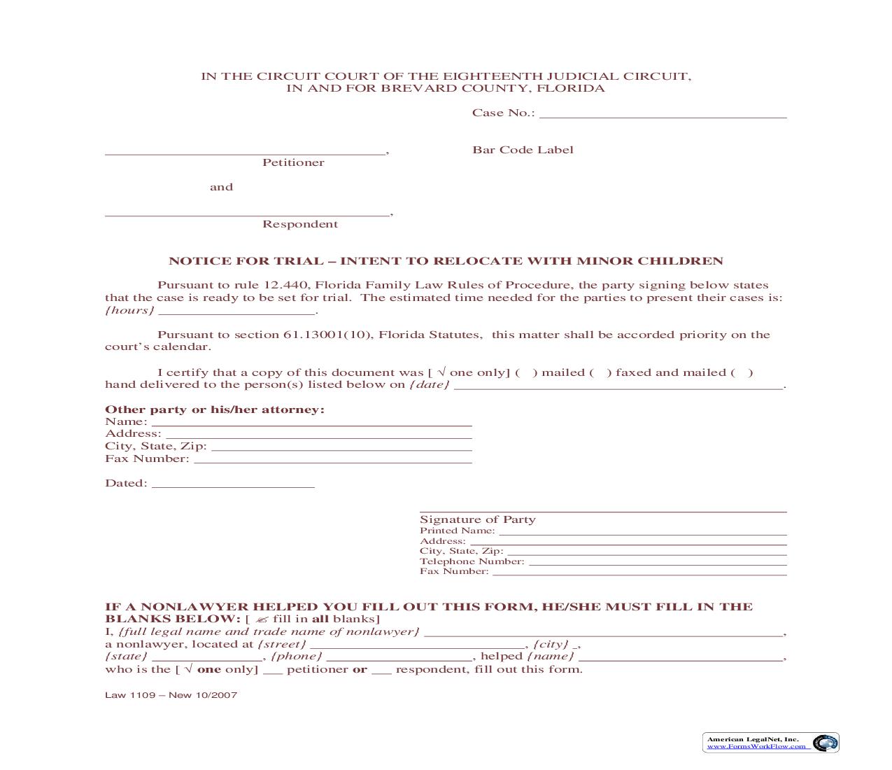 Notice For Trial - Intent To Relocate With Minor Children {Law 1109} | Pdf Fpdf Doc Docx | Florida