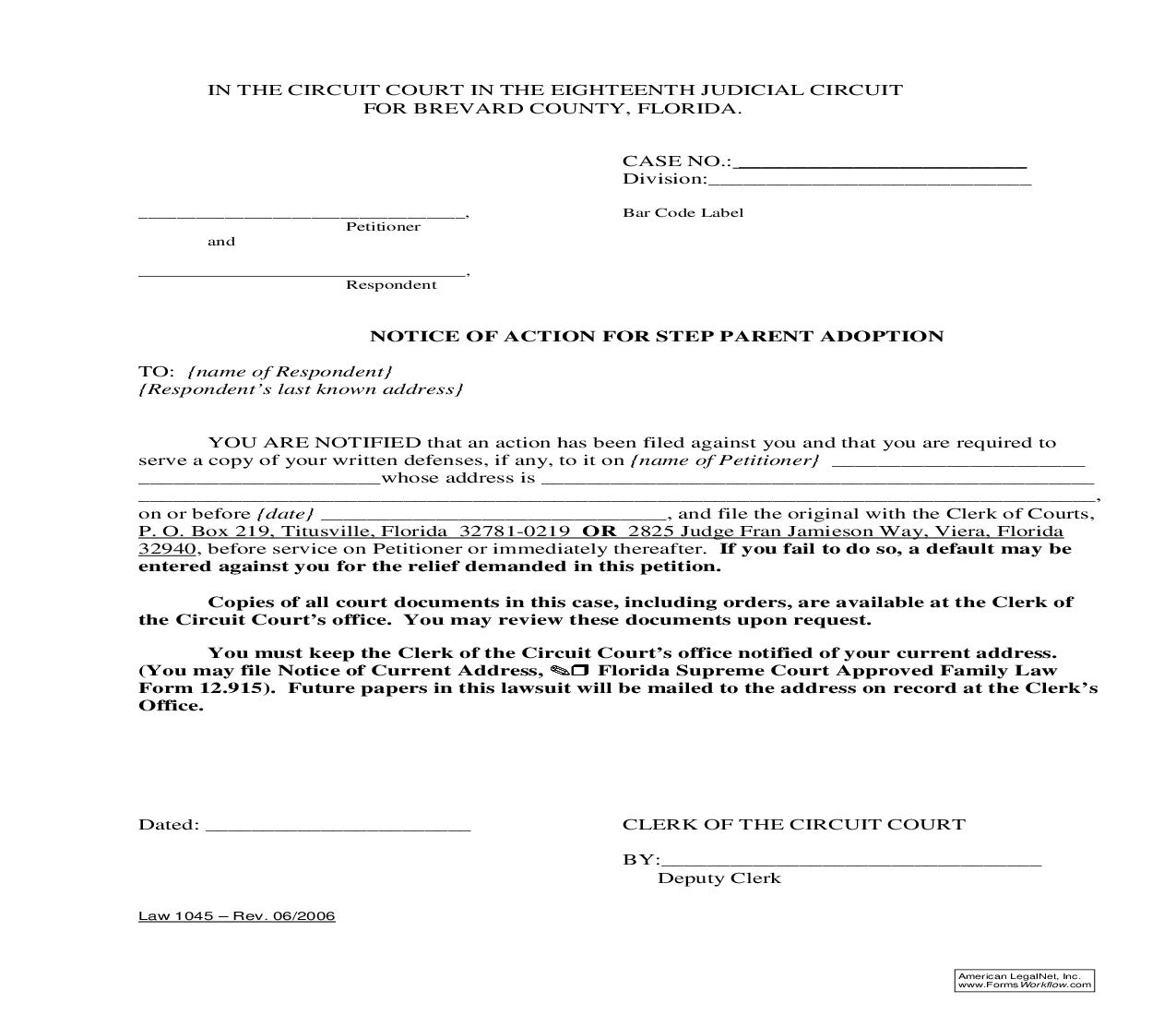 Notice Of Action For Step Parent Adoption {Law 1045} | Pdf Fpdf Doc Docx | Florida