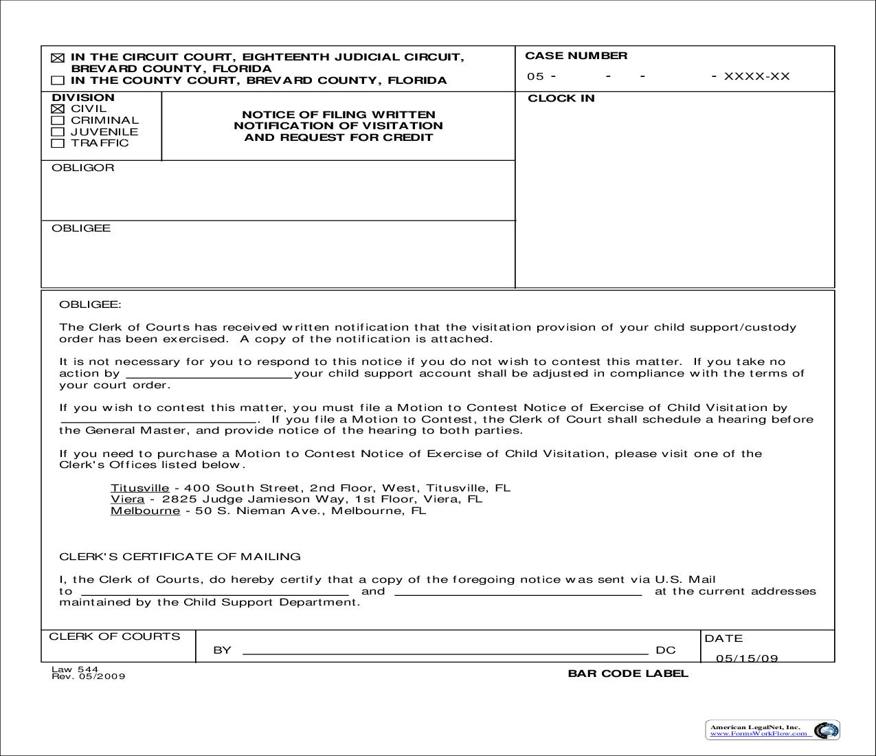 Notice Of Filing Written Notification Of Visitation And Request For Credit {Law 544} | Pdf Fpdf Doc Docx | Florida