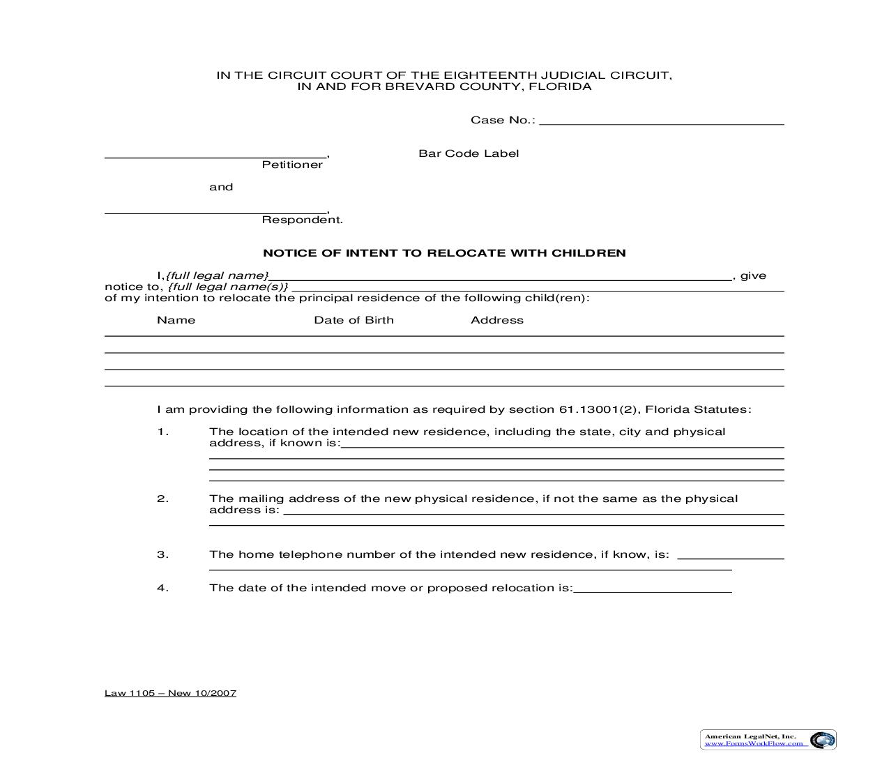 Notice Of Intent To Relocate With Children {Law 1105} | Pdf Fpdf Doc Docx | Florida