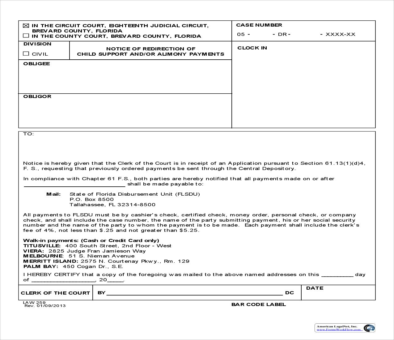 Notice Of Redirection Of Child Support And Or Alimony Payments {Law 259} | Pdf Fpdf Doc Docx | Florida