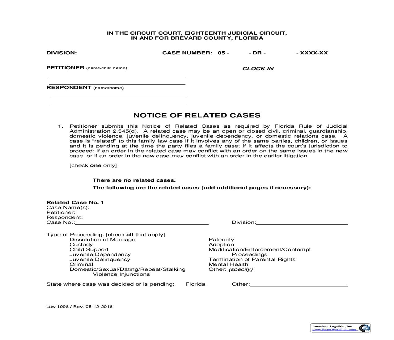 Notice Of Related Cases {Law 1098} | Pdf Fpdf Doc Docx | Florida
