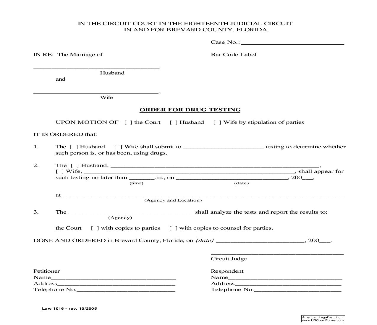 Order For Drug Testing {Law 1016} | Pdf Fpdf Doc Docx | Florida