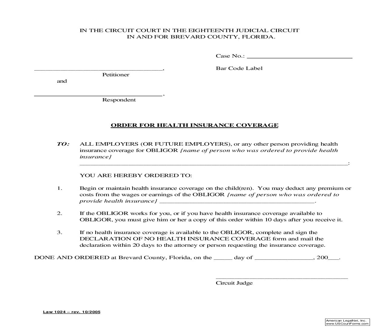 Order For Health Insurance Coverage {Law 1024} | Pdf Fpdf Doc Docx | Florida