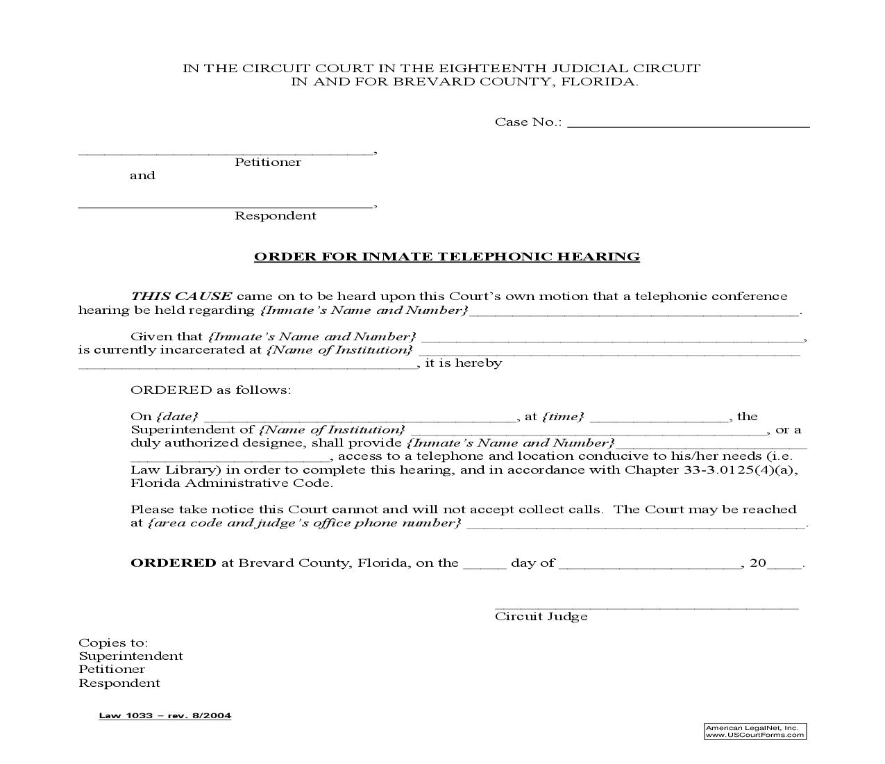 Order For Inmate Telephonic Hearing  {Law 1033} | Pdf Fpdf Doc Docx | Florida