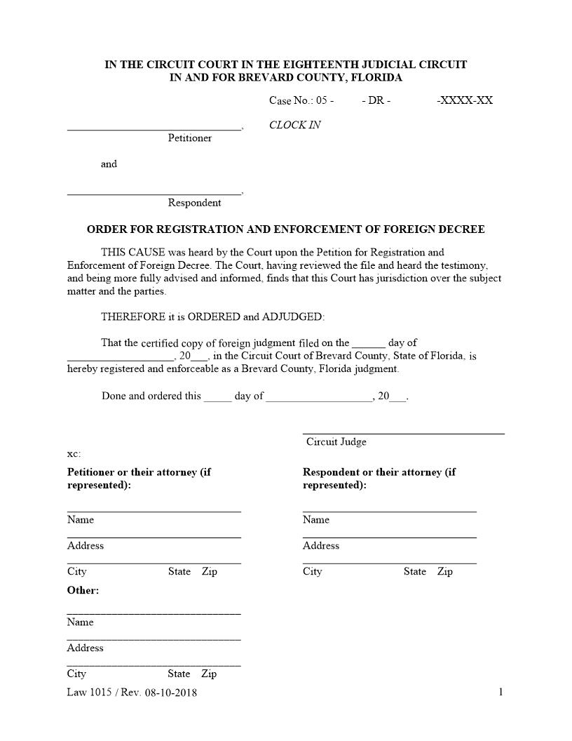 Order For Registration And Enforcement Of Foreign Decree {Law 1015} | Pdf Fpdf Doc Docx | Florida