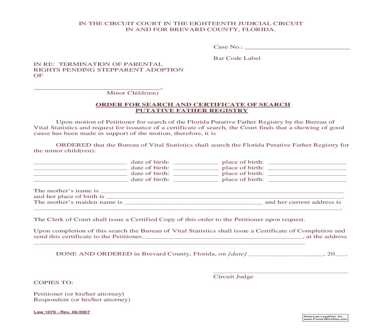 Order For Search And Certificate Of Search Putative Father Registry {Law 1079} | Pdf Fpdf Doc Docx | Florida