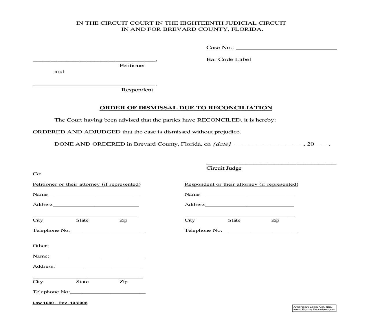 Order Of Dismissal Due To Reconciliation {Law 1080} | Pdf Fpdf Doc Docx | Florida
