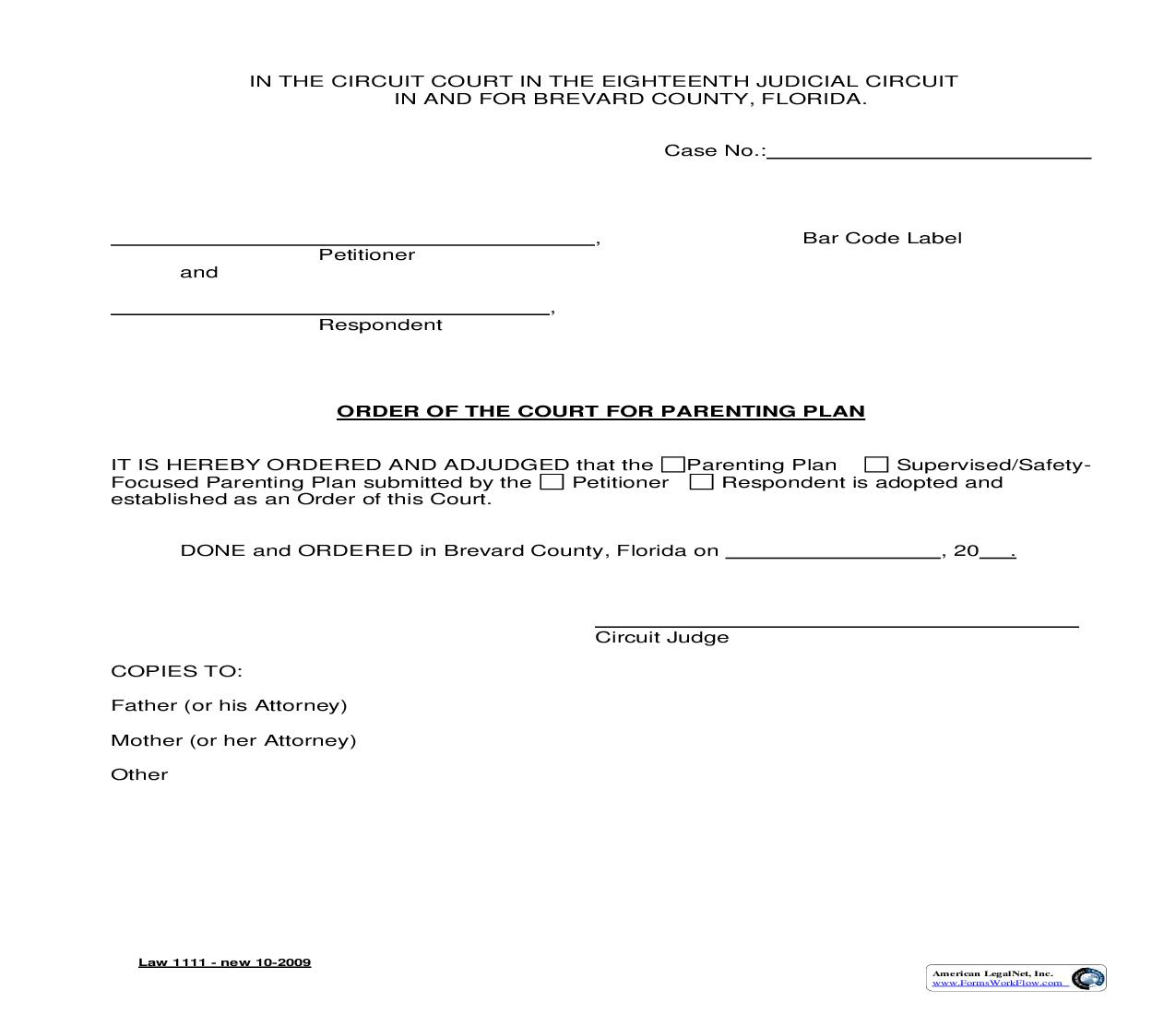 Order Of The Court For Parenting Plan {Law 1111} | Pdf Fpdf Doc Docx | Florida