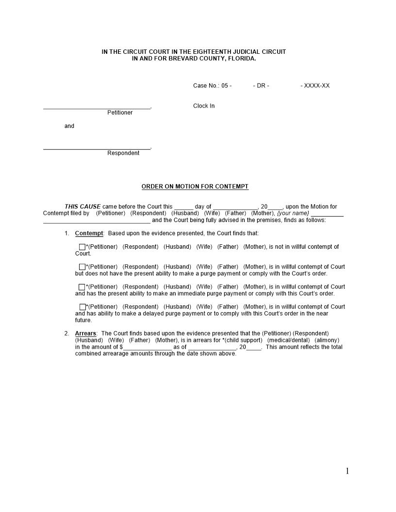 Order On Motion For Contempt {Law 1023} | Pdf Fpdf Doc Docx | Florida