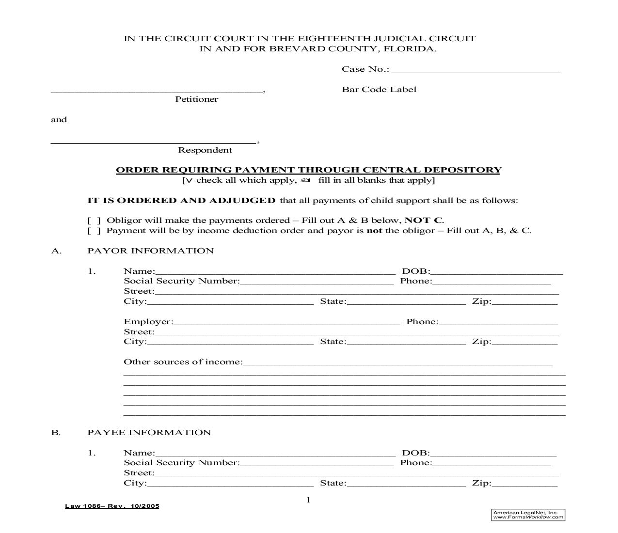 Order Requiring Payment Through Central Depository {Law 1086} | Pdf Fpdf Doc Docx | Florida